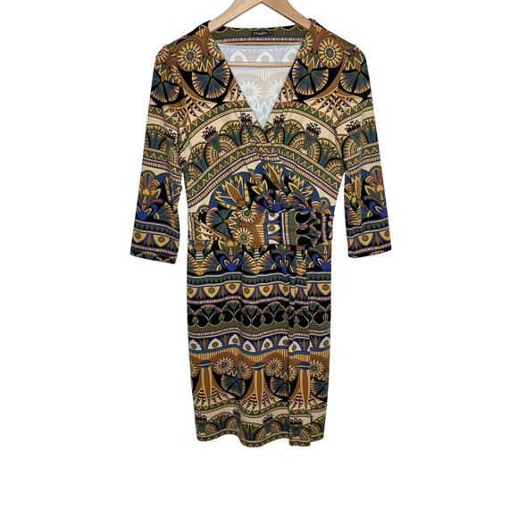 J. McLaughlin Womens Catalina Cloth Dress Small Black Tan Mosaic Print V Neck - Picture 1 of 9